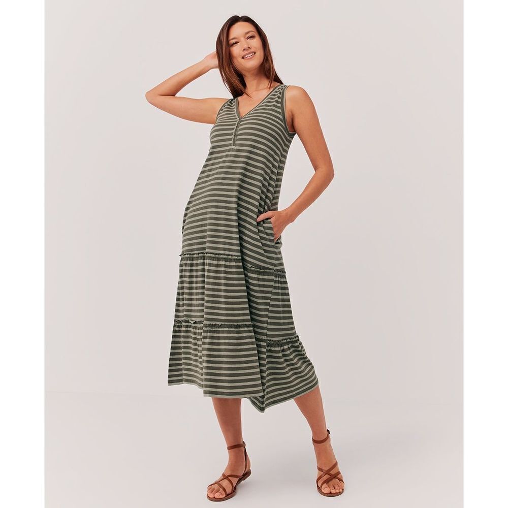 ✨PACT APPAREL // WOMEN’S GREEN STRIPE RELAXED SLUB PATIO DRESS✨